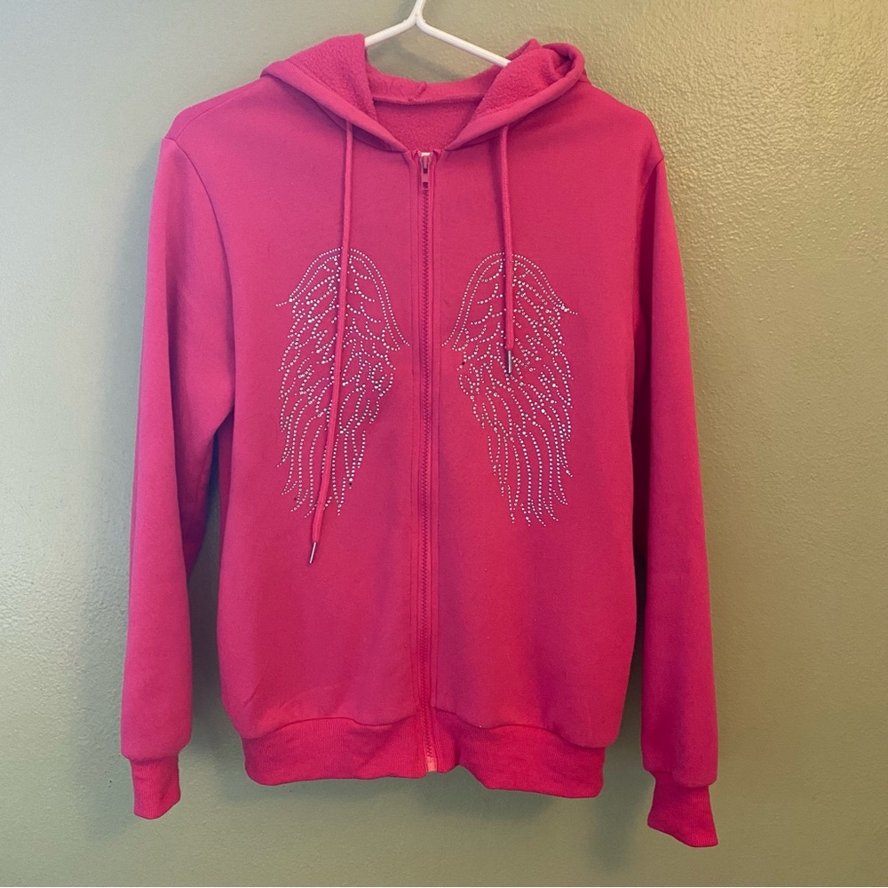 SHEIN Hot Pink Rhinestone Angel Wing Hoodie